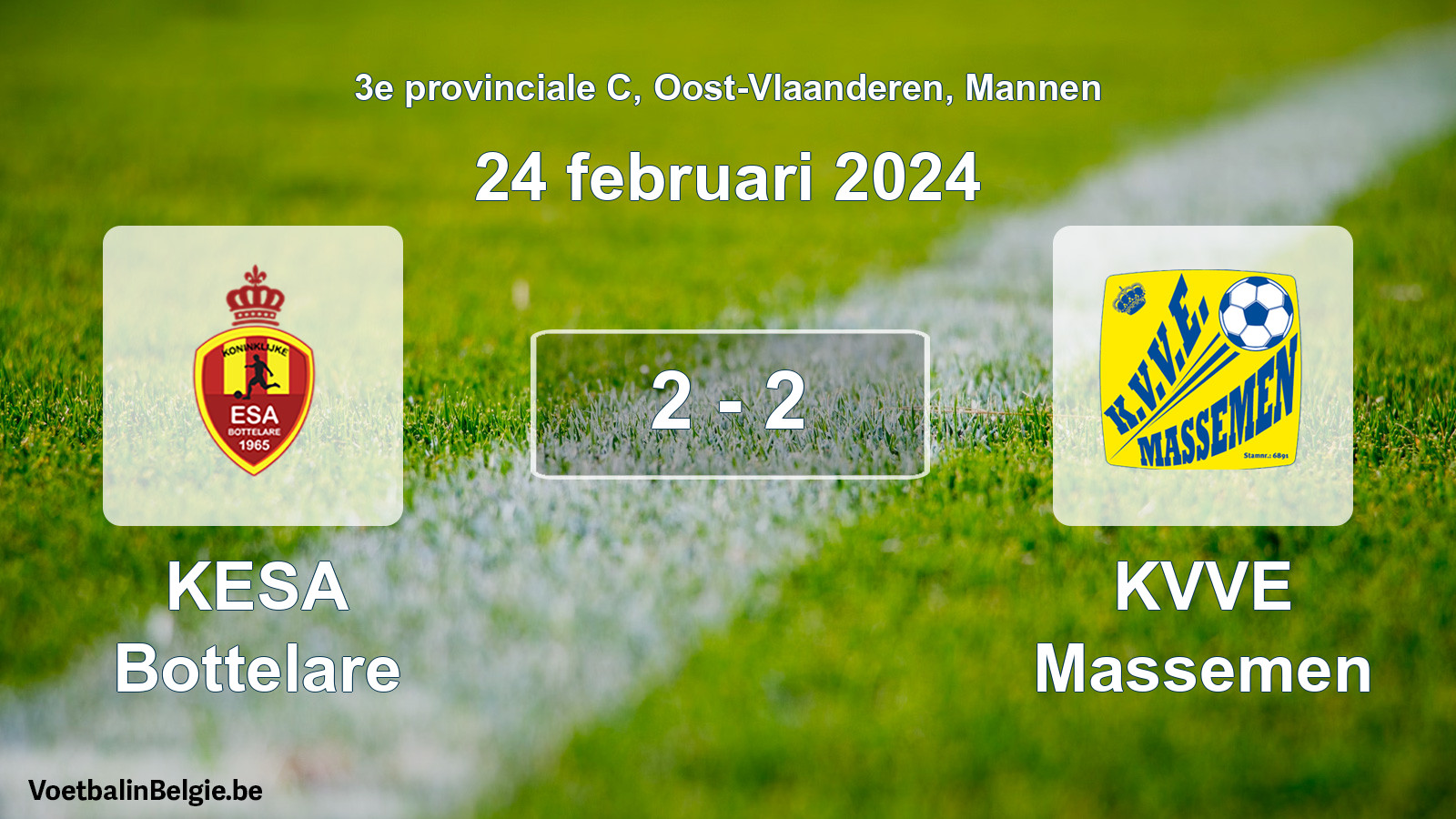 Gespeelde wedstrijd mannenvoetbal: KESA Bottelare - KVVE Massemen 2 - 2 (24 februari 2024)