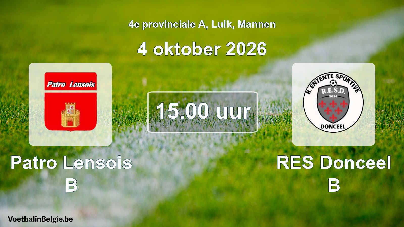 Geplande wedstrijd mannenvoetbal: Patro Lensois B - RES Donceel B (4 oktober 2026)