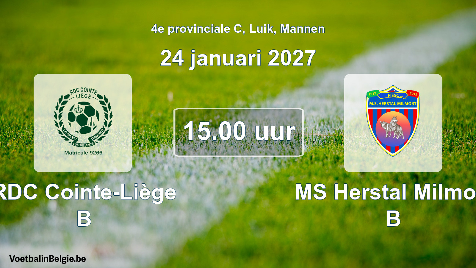 Geplande wedstrijd mannenvoetbal: RDC Cointe-Liège B - MS Herstal Milmort B (24 januari 2027)
