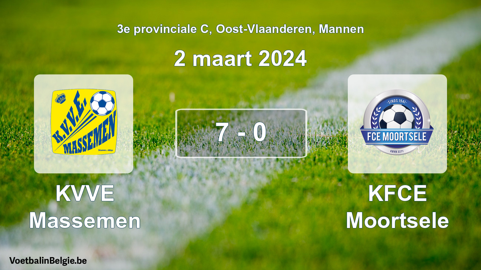 Gespeelde wedstrijd mannenvoetbal: KVVE Massemen - KFCE Moortsele 7 - 0 (2 maart 2024)