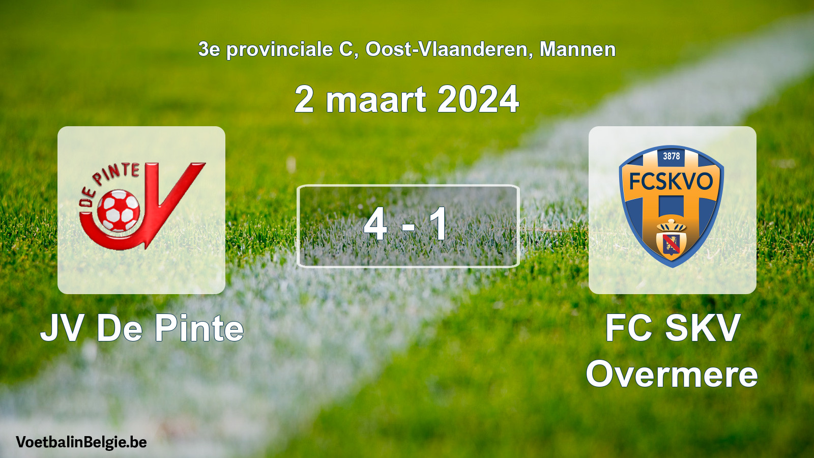 Gespeelde wedstrijd mannenvoetbal: JV De Pinte - FC SKV Overmere 4 - 1 (2 maart 2024)
