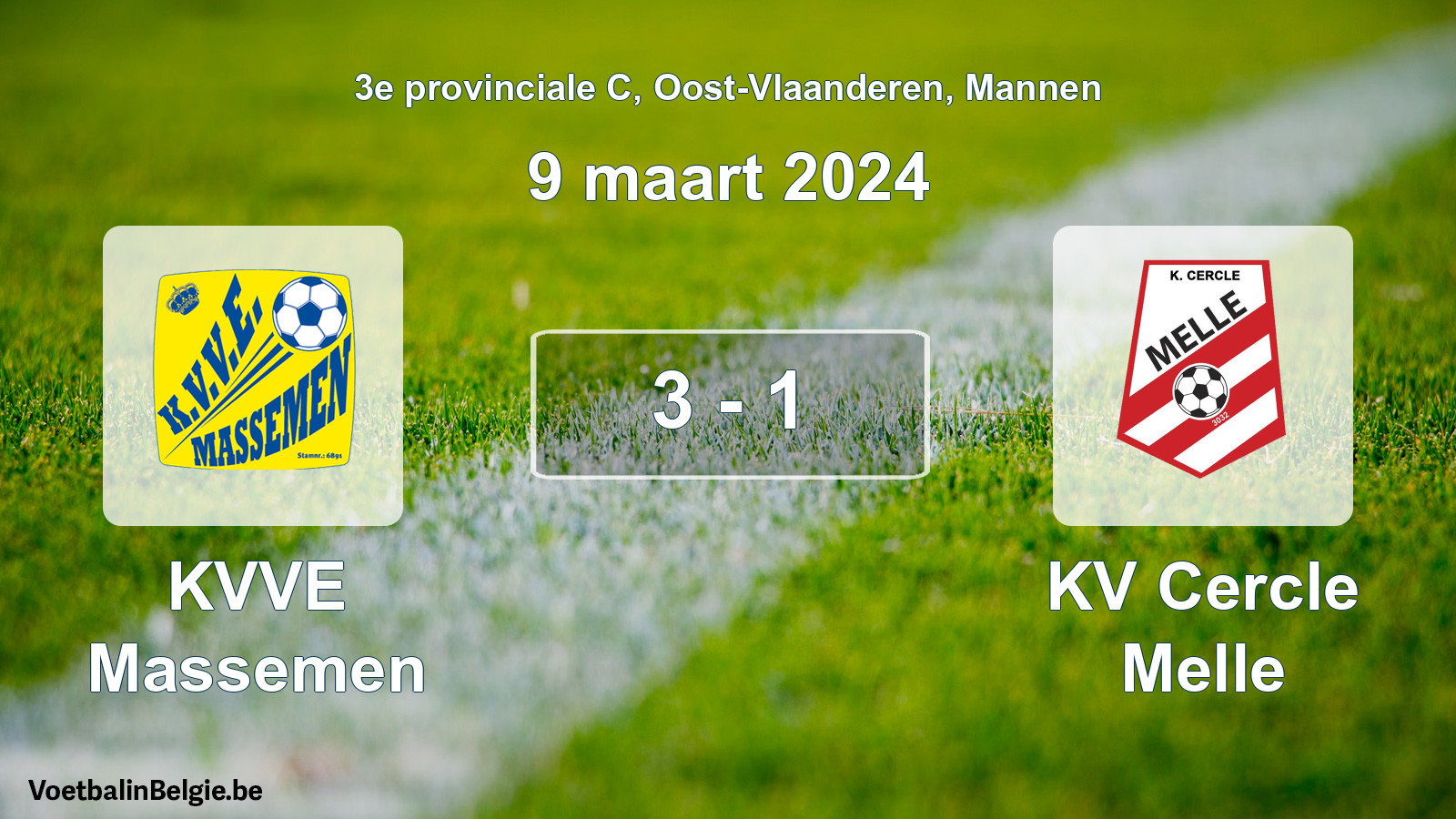 Gespeelde wedstrijd mannenvoetbal: KVVE Massemen - KV Cercle Melle 3 - 1 (9 maart 2024)