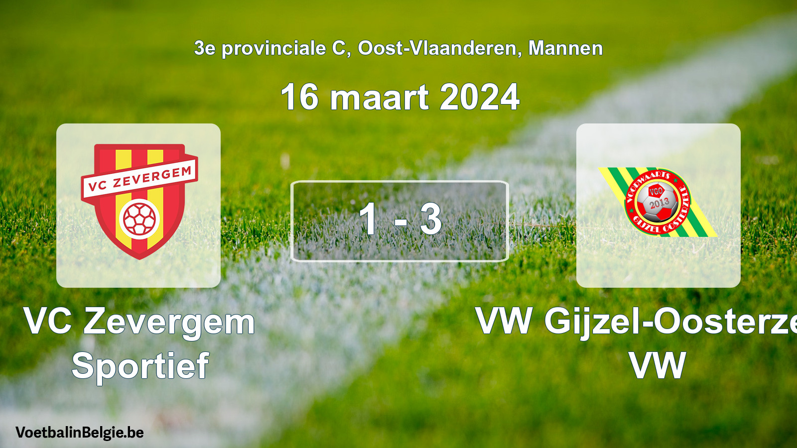 Gespeelde wedstrijd mannenvoetbal: VC Zevergem Sportief - VW Gijzel-Oosterzele VW 1 - 3 (16 maart 2024)