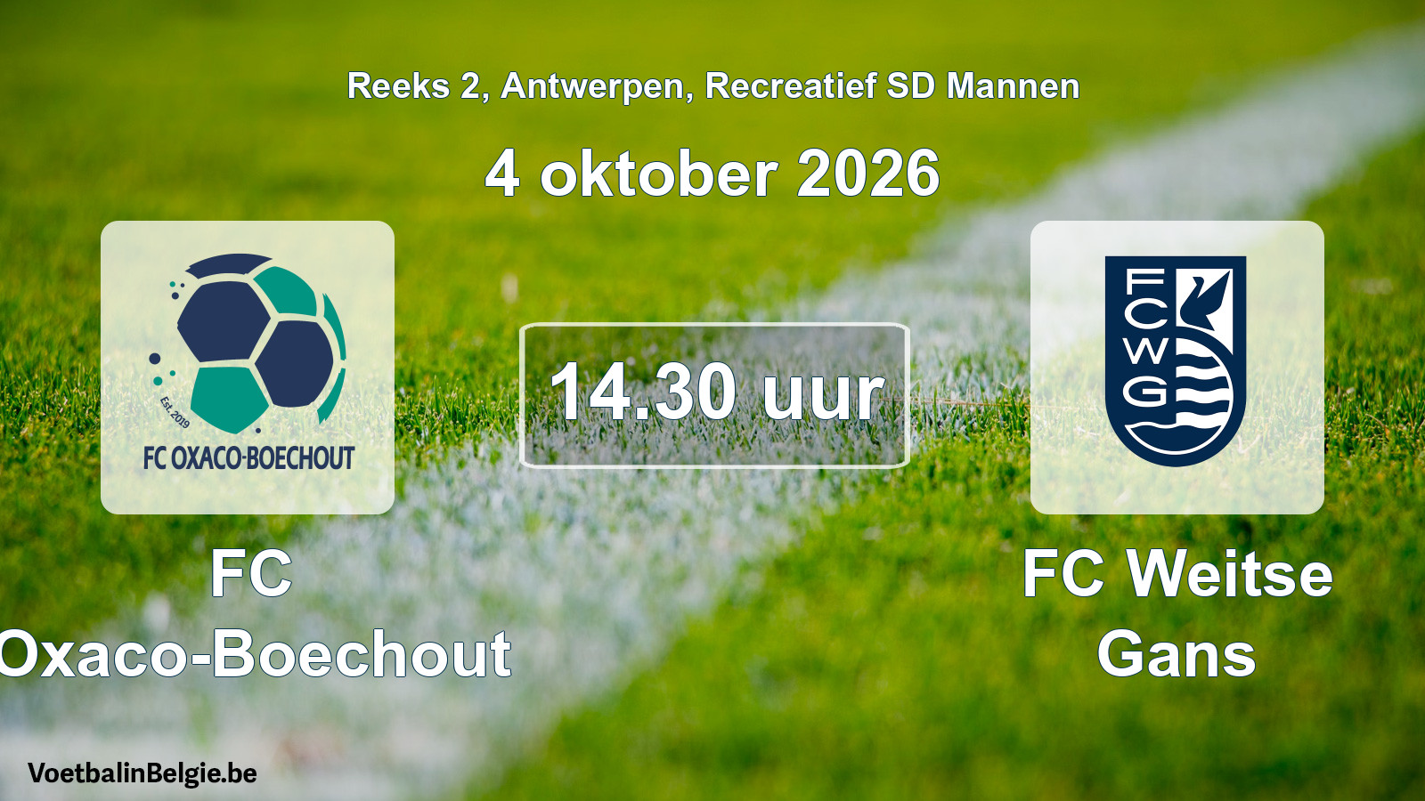 Scheduled match recreational sd men football: FC Oxaco-Boechout - FC Weitse Gans (4 October 2026)
