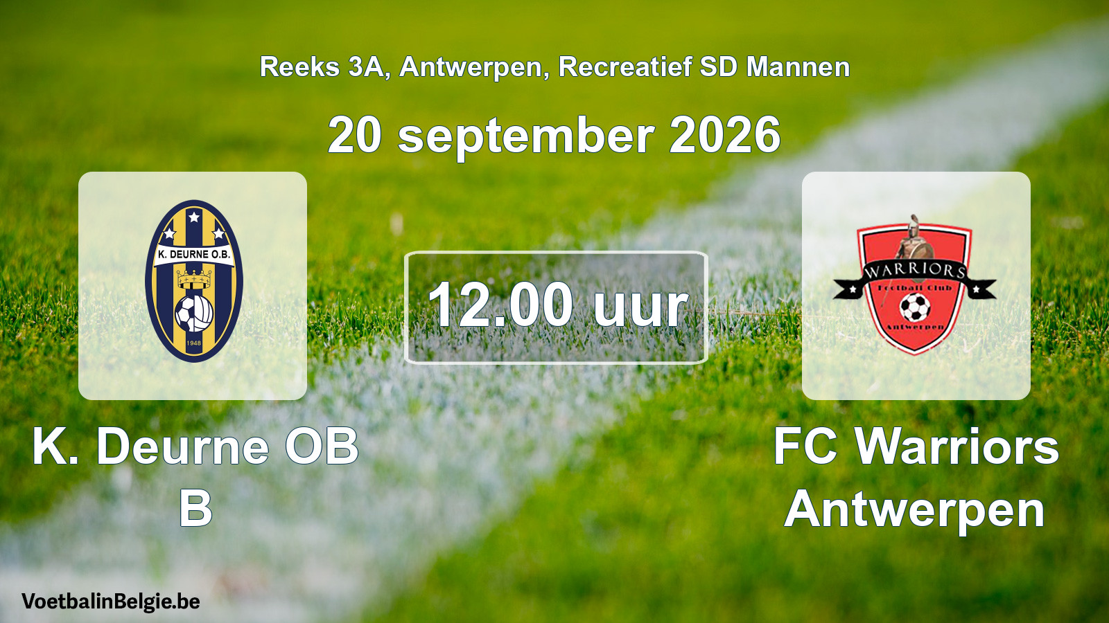 Scheduled match recreational sd men football: K. Deurne OB B - FC Warriors Antwerpen (20 September 2026)