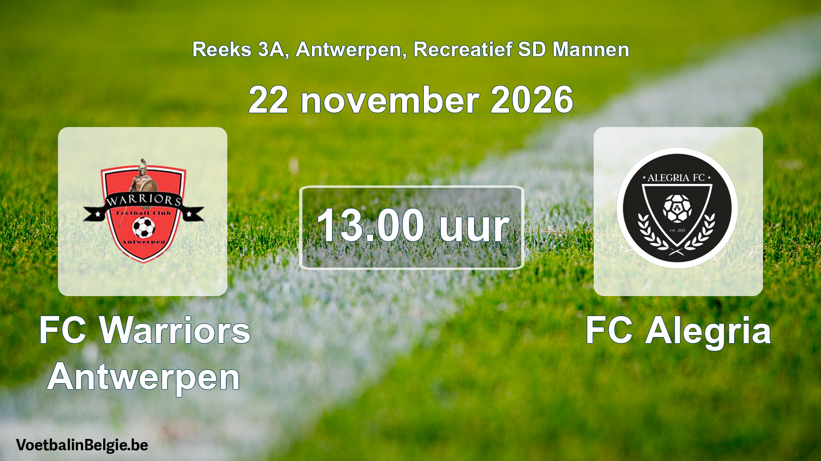 Scheduled match recreational sd men football: FC Warriors Antwerpen - FC Alegria (22 November 2026)
