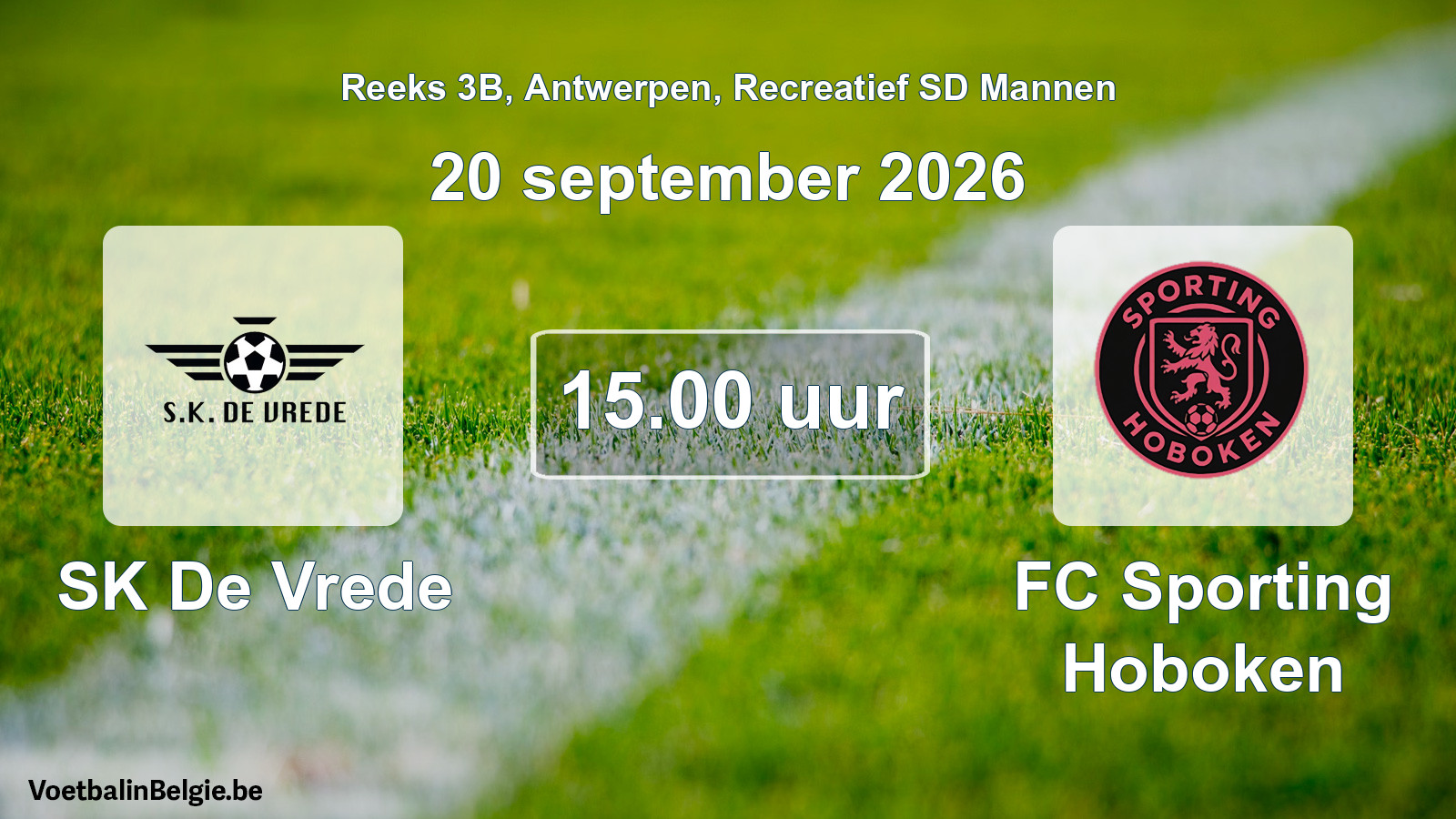 Scheduled match recreational sd men football: SK De Vrede - FC Sporting Hoboken (20 September 2026)