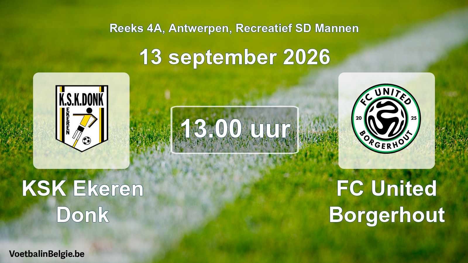 Scheduled match recreational sd men football: KSK Ekeren Donk - FC United Borgerhout (13 September 2026)