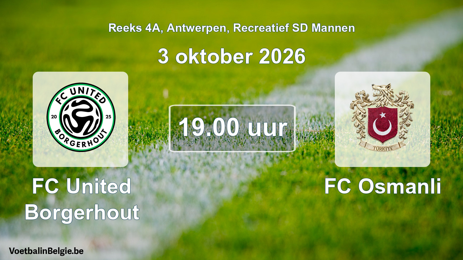 Scheduled match recreational sd men football: FC United Borgerhout - FC Osmanli (3 October 2026)