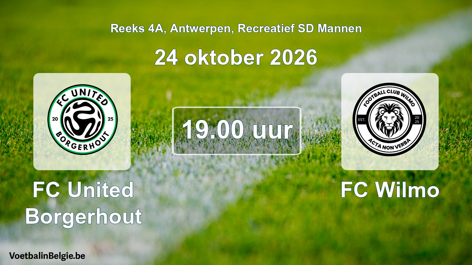 Scheduled match recreational sd men football: FC United Borgerhout - FC Wilmo (24 October 2026)