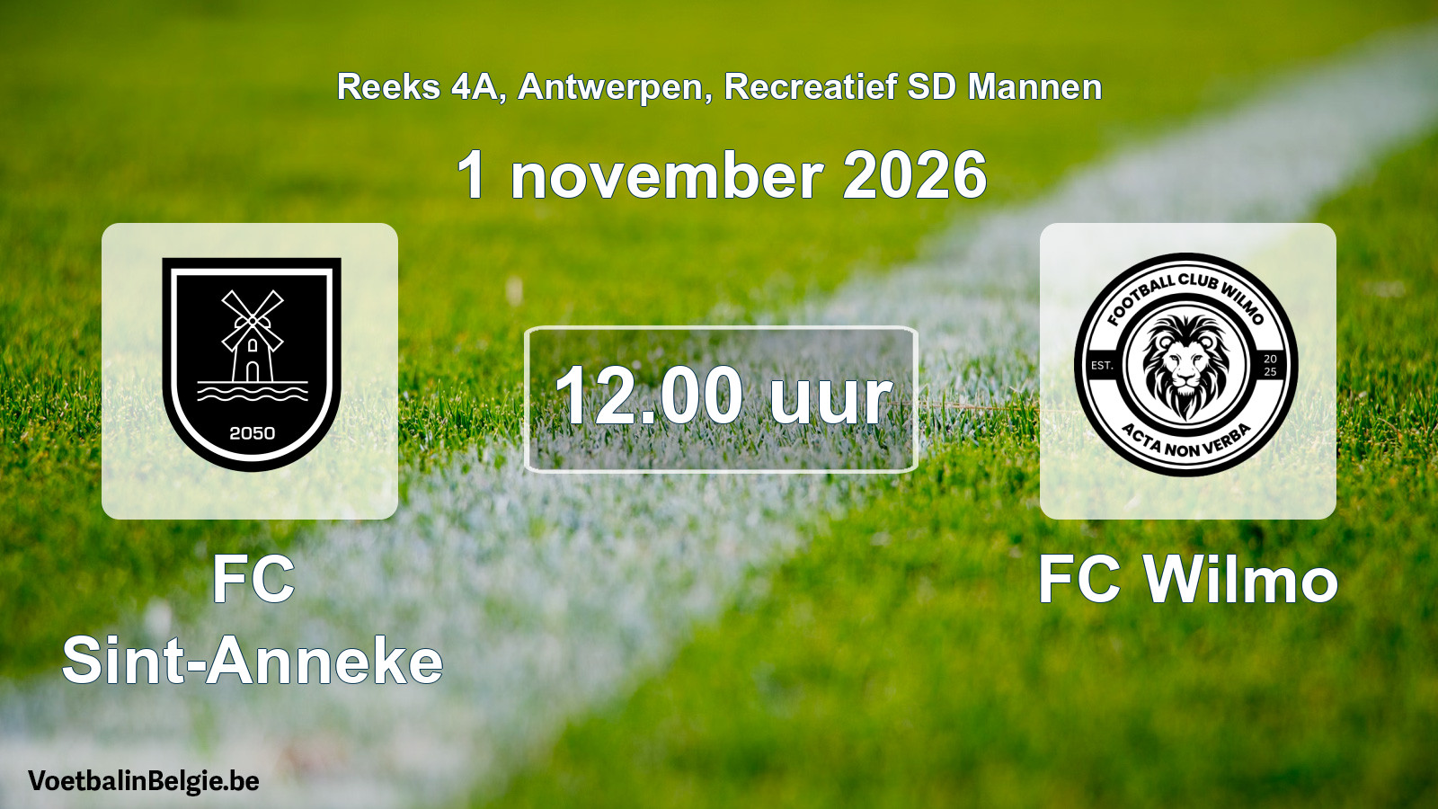 Scheduled match recreational sd men football: FC Sint-Anneke - FC Wilmo (1 November 2026)