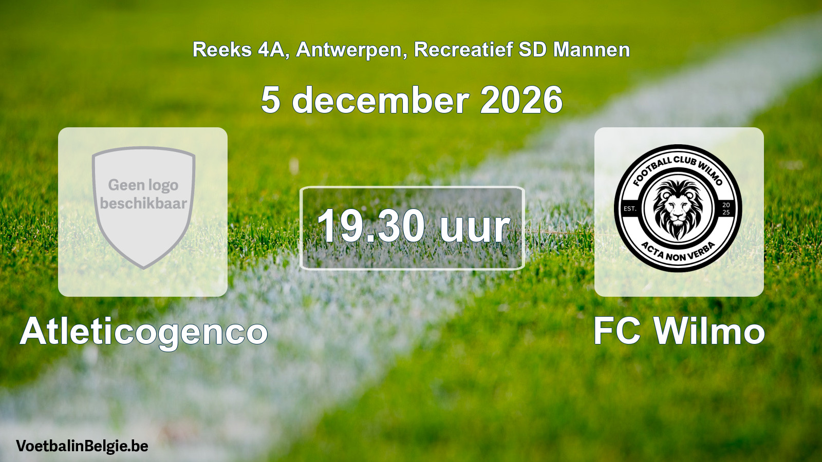 Geplande wedstrijd recreatief sd mannenvoetbal: Atleticogenco - FC Wilmo (5 december 2026)