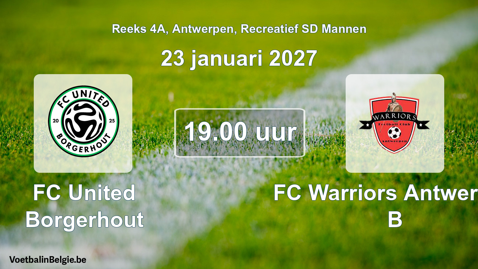 Scheduled match recreational sd men football: FC United Borgerhout - FC Warriors Antwerpen B (23 January 2027)