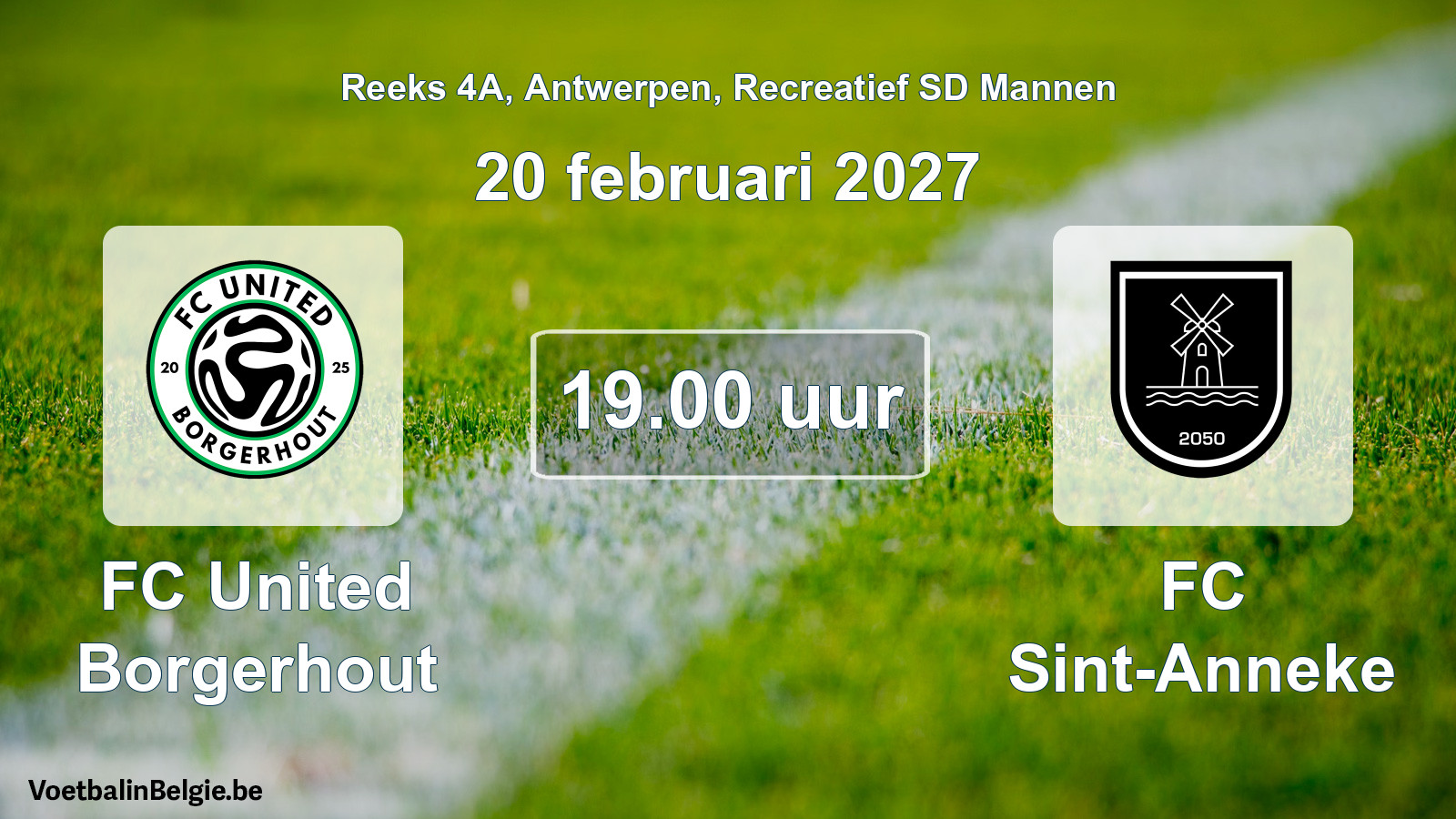 Scheduled match recreational sd men football: FC United Borgerhout - FC Sint-Anneke (20 February 2027)