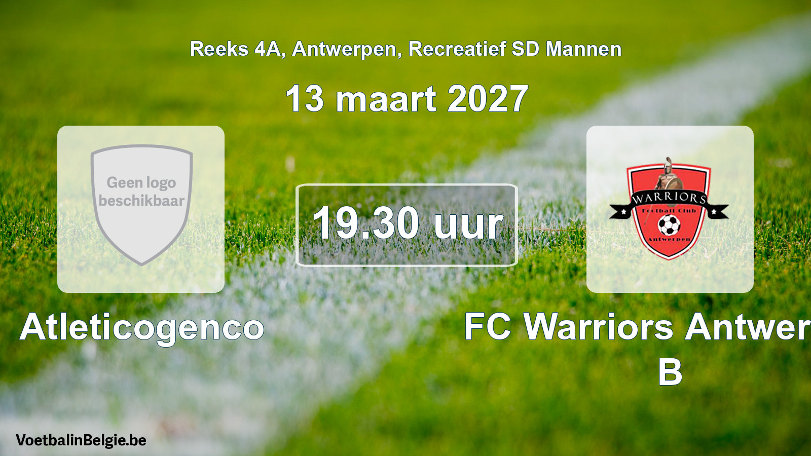 Geplande wedstrijd recreatief sd mannenvoetbal: Atleticogenco - FC Warriors Antwerpen B (13 maart 2027)