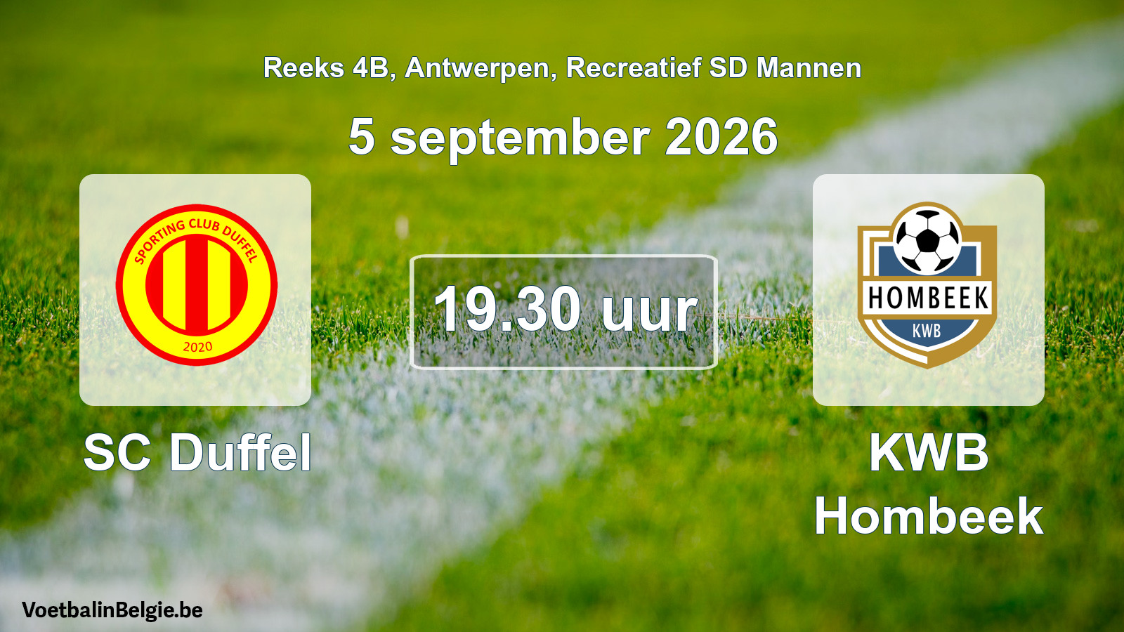 Scheduled match recreational sd men football: SC Duffel - KWB Hombeek (5 September 2026)