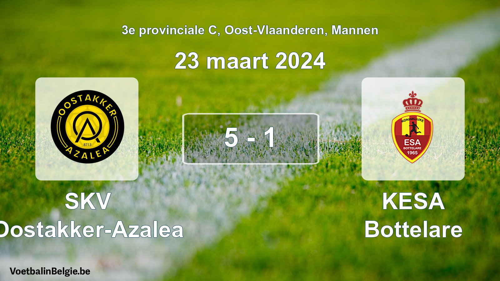 Gespeelde wedstrijd mannenvoetbal: SKV Oostakker-Azalea - KESA Bottelare 5 - 1 (23 maart 2024)