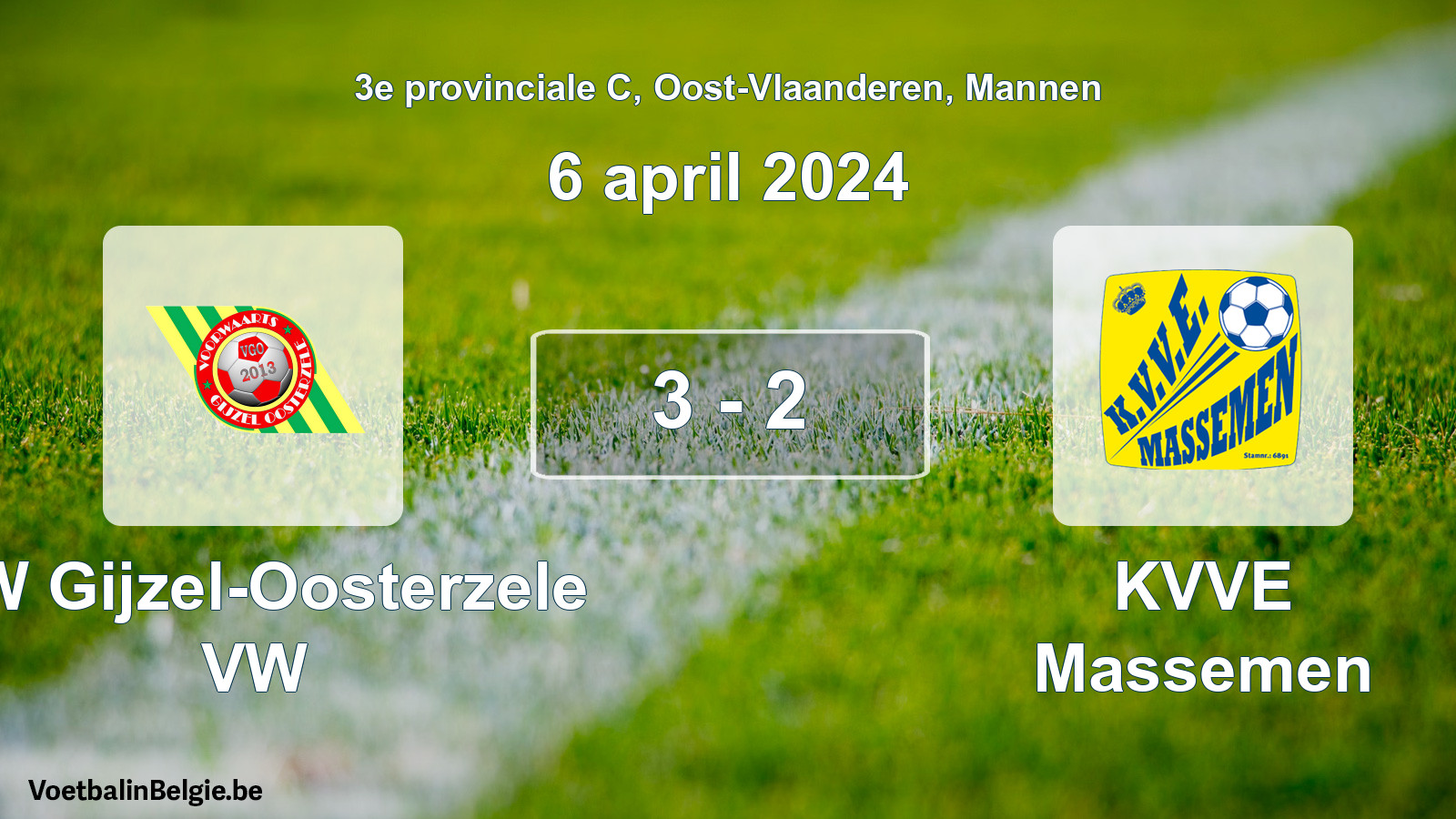 Gespeelde wedstrijd mannenvoetbal: VW Gijzel-Oosterzele VW - KVVE Massemen 3 - 2 (6 april 2024)