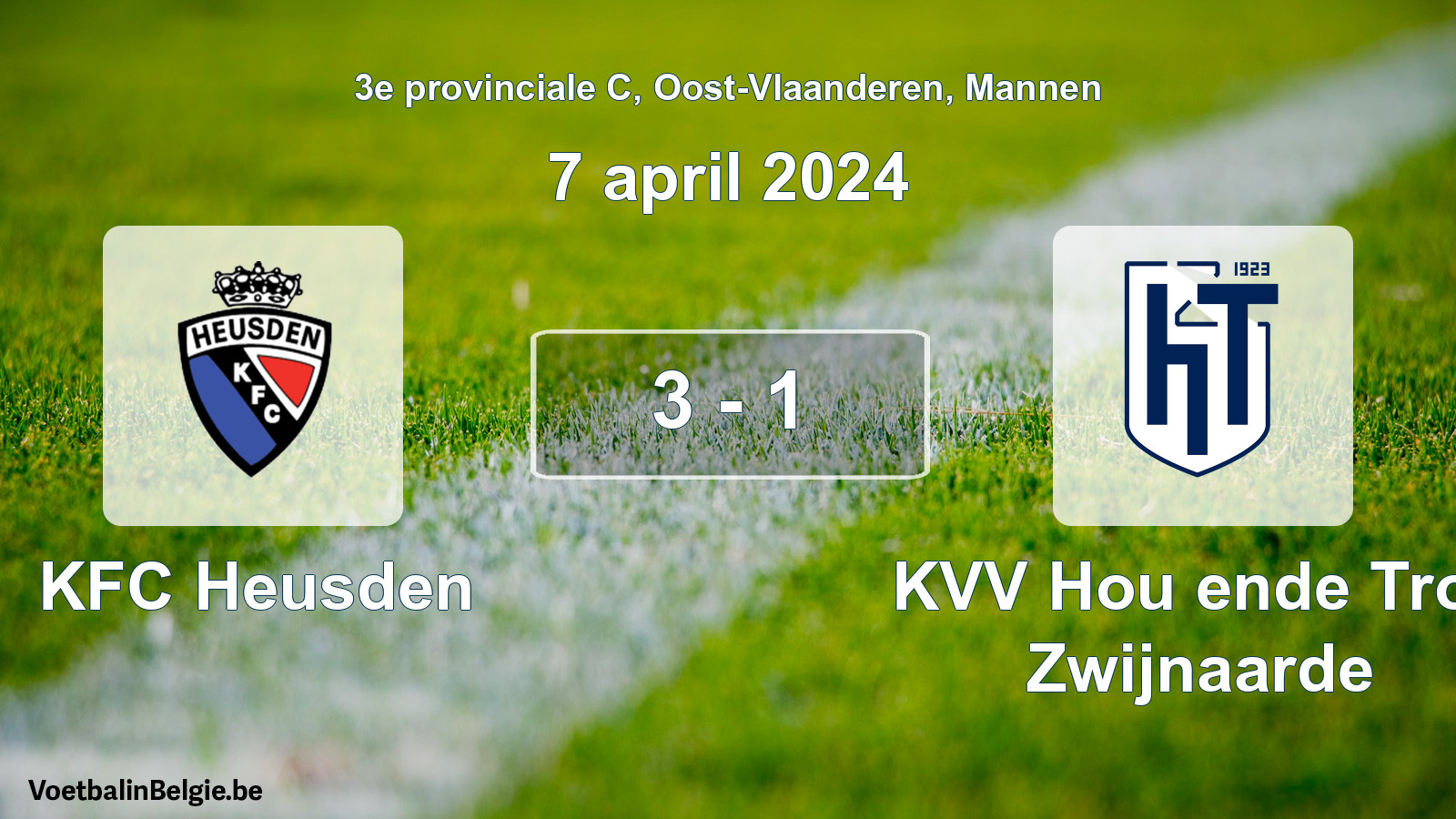 Gespeelde wedstrijd mannenvoetbal: KFC Heusden - KVV Hou ende Trou Zwijnaarde 3 - 1 (7 april 2024)