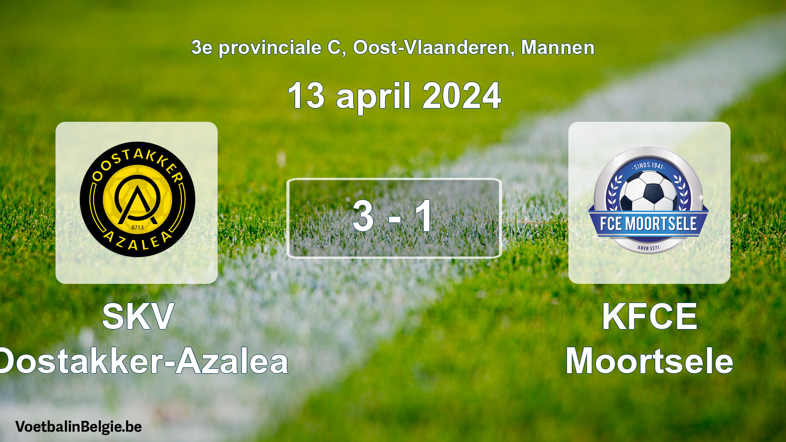 Gespeelde wedstrijd mannenvoetbal: SKV Oostakker-Azalea - KFCE Moortsele 3 - 1 (13 april 2024)