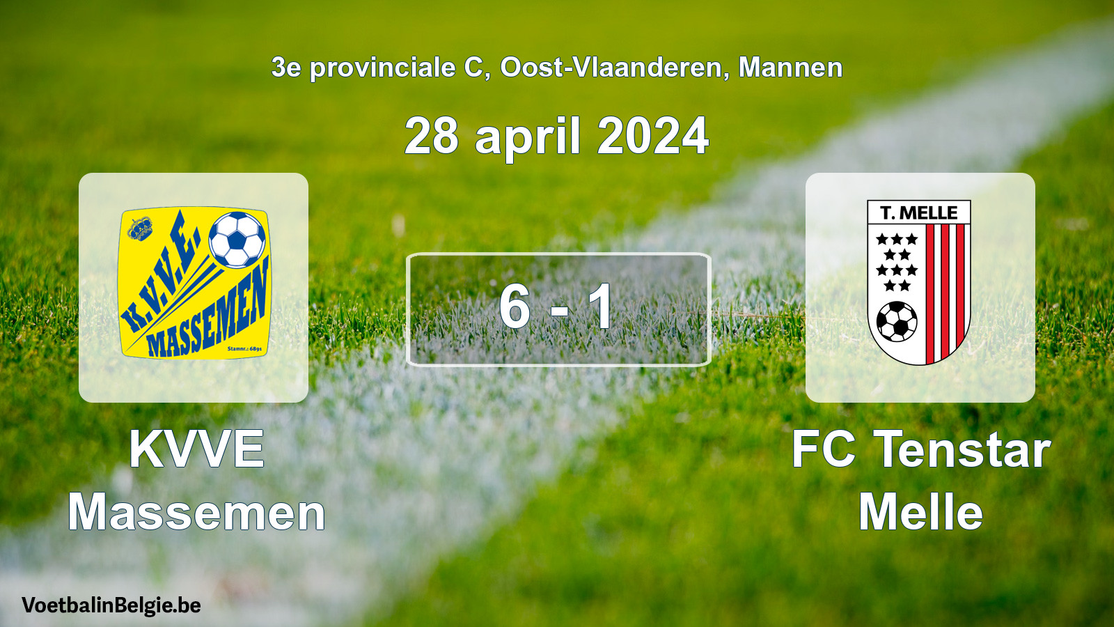 Gespeelde wedstrijd mannenvoetbal: KVVE Massemen - FC Tenstar Melle 6 - 1 (28 april 2024)