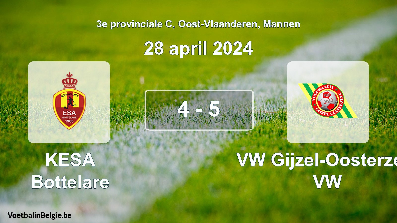 Gespeelde wedstrijd mannenvoetbal: KESA Bottelare - VW Gijzel-Oosterzele VW 4 - 5 (28 april 2024)