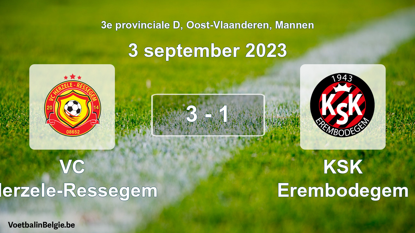 Gespeelde wedstrijd mannenvoetbal: VC Herzele-Ressegem - KSK Erembodegem 3 - 1 (3 september 2023)