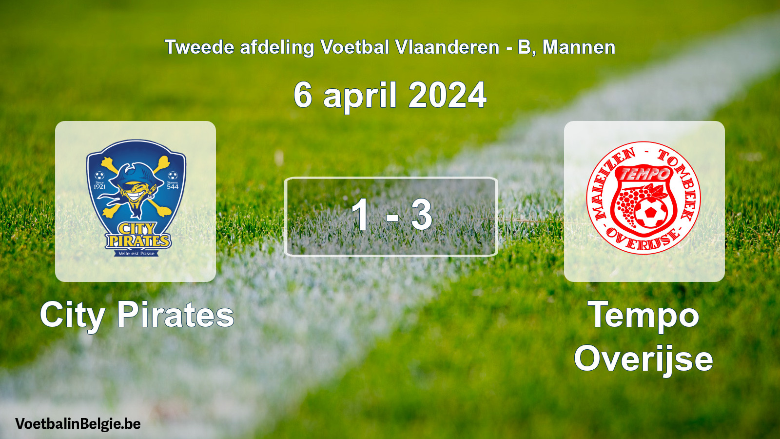 Gespeelde wedstrijd mannenvoetbal: City Pirates - Tempo Overijse 1 - 3 (6 april 2024)