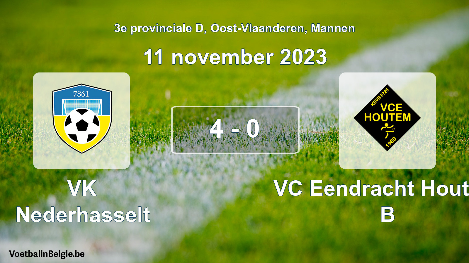 Gespeelde wedstrijd mannenvoetbal: VK Nederhasselt - VC Eendracht Houtem B 4 - 0 (11 november 2023)