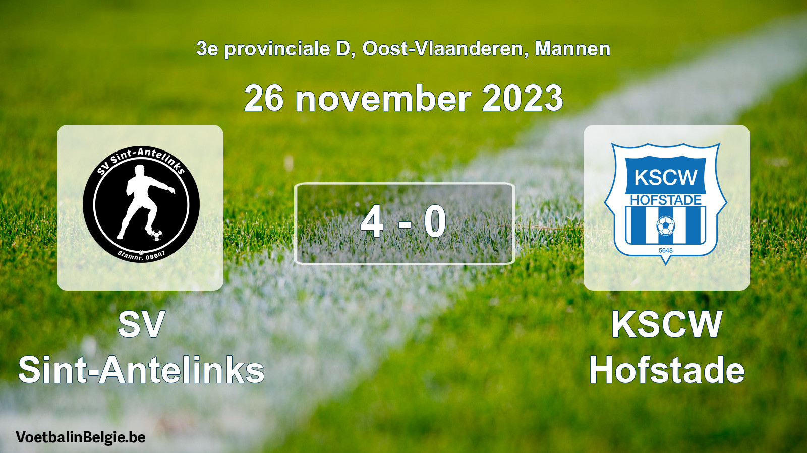 Gespeelde wedstrijd mannenvoetbal: SV Sint-Antelinks - KSCW Hofstade 4 - 0 (26 november 2023)