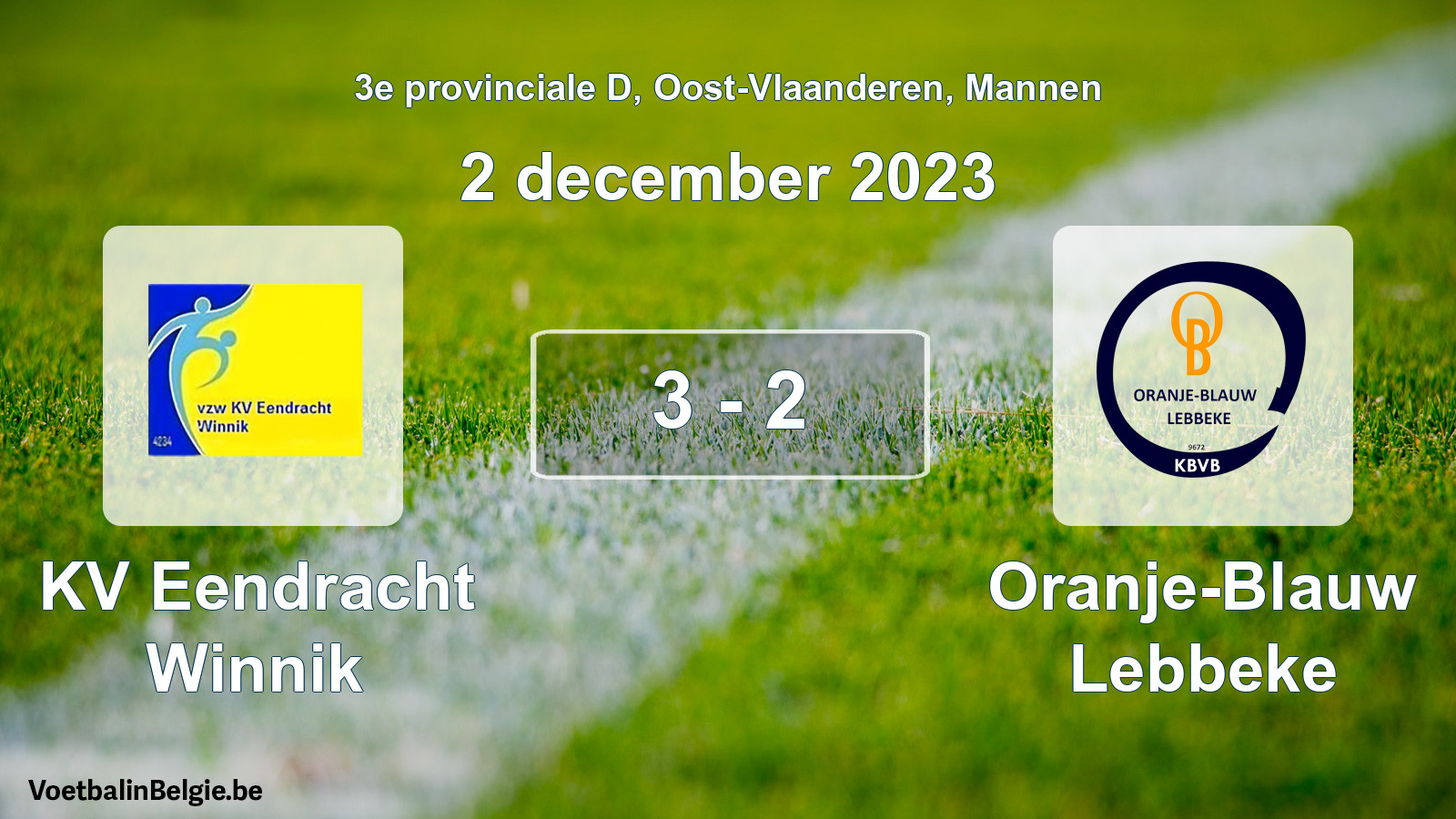 Gespeelde wedstrijd mannenvoetbal: KV Eendracht Winnik - Oranje-Blauw Lebbeke 3 - 2 (2 december 2023)