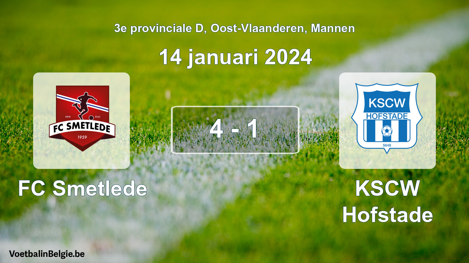 Gespeelde wedstrijd mannenvoetbal: FC Smetlede - KSCW Hofstade 4 - 1 (14 januari 2024)