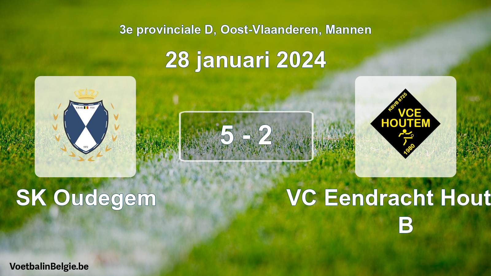 Gespeelde wedstrijd mannenvoetbal: SK Oudegem - VC Eendracht Houtem B 5 - 2 (28 januari 2024)