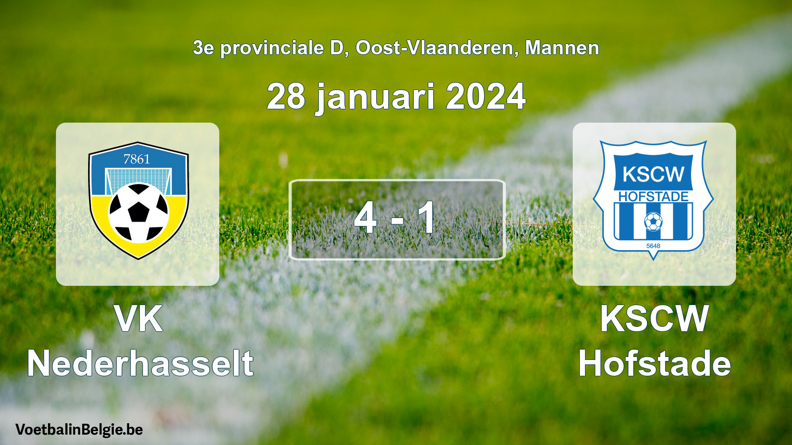 Gespeelde wedstrijd mannenvoetbal: VK Nederhasselt - KSCW Hofstade 4 - 1 (28 januari 2024)