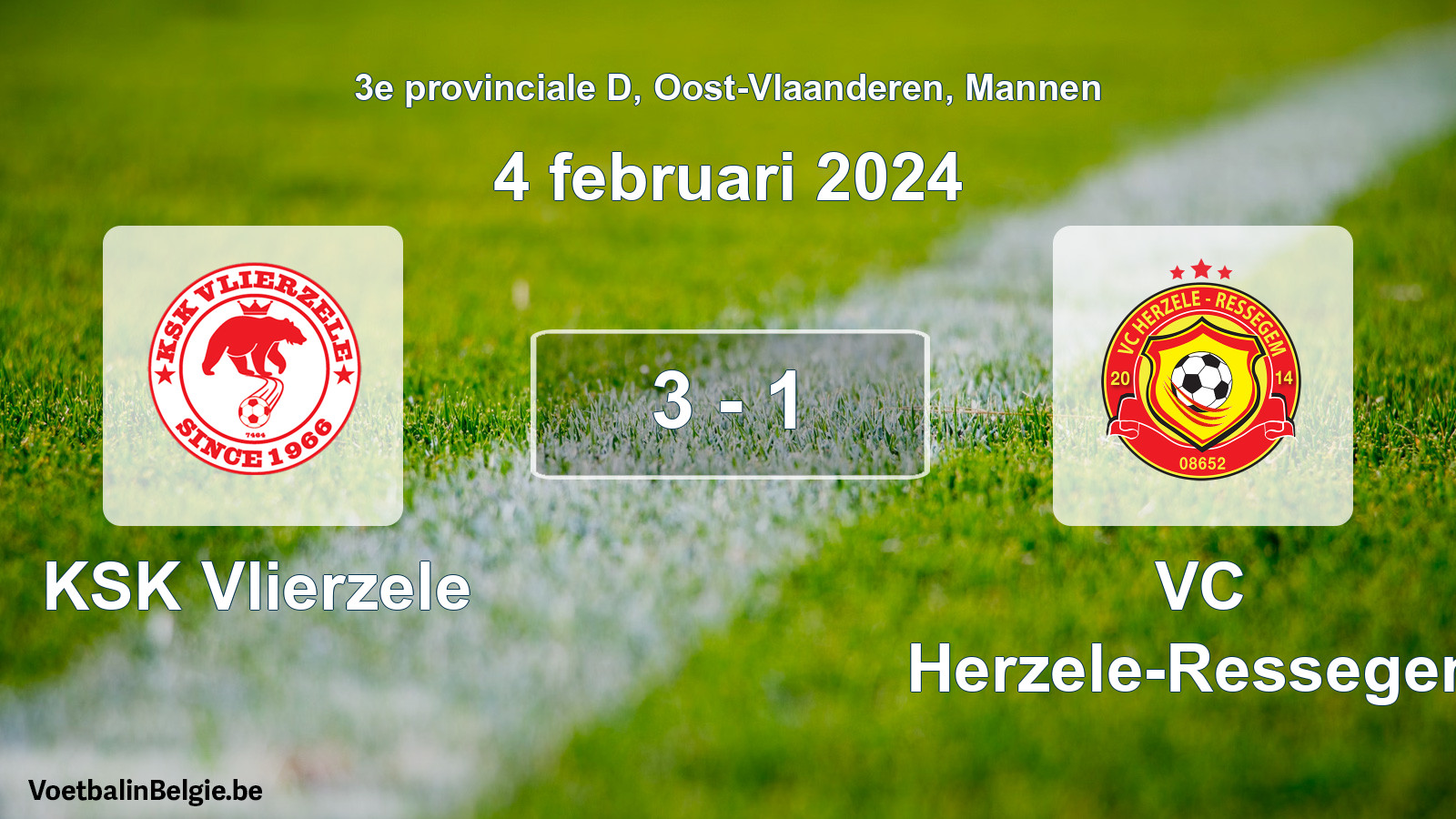 Gespeelde wedstrijd mannenvoetbal: KSK Vlierzele - VC Herzele-Ressegem 3 - 1 (4 februari 2024)