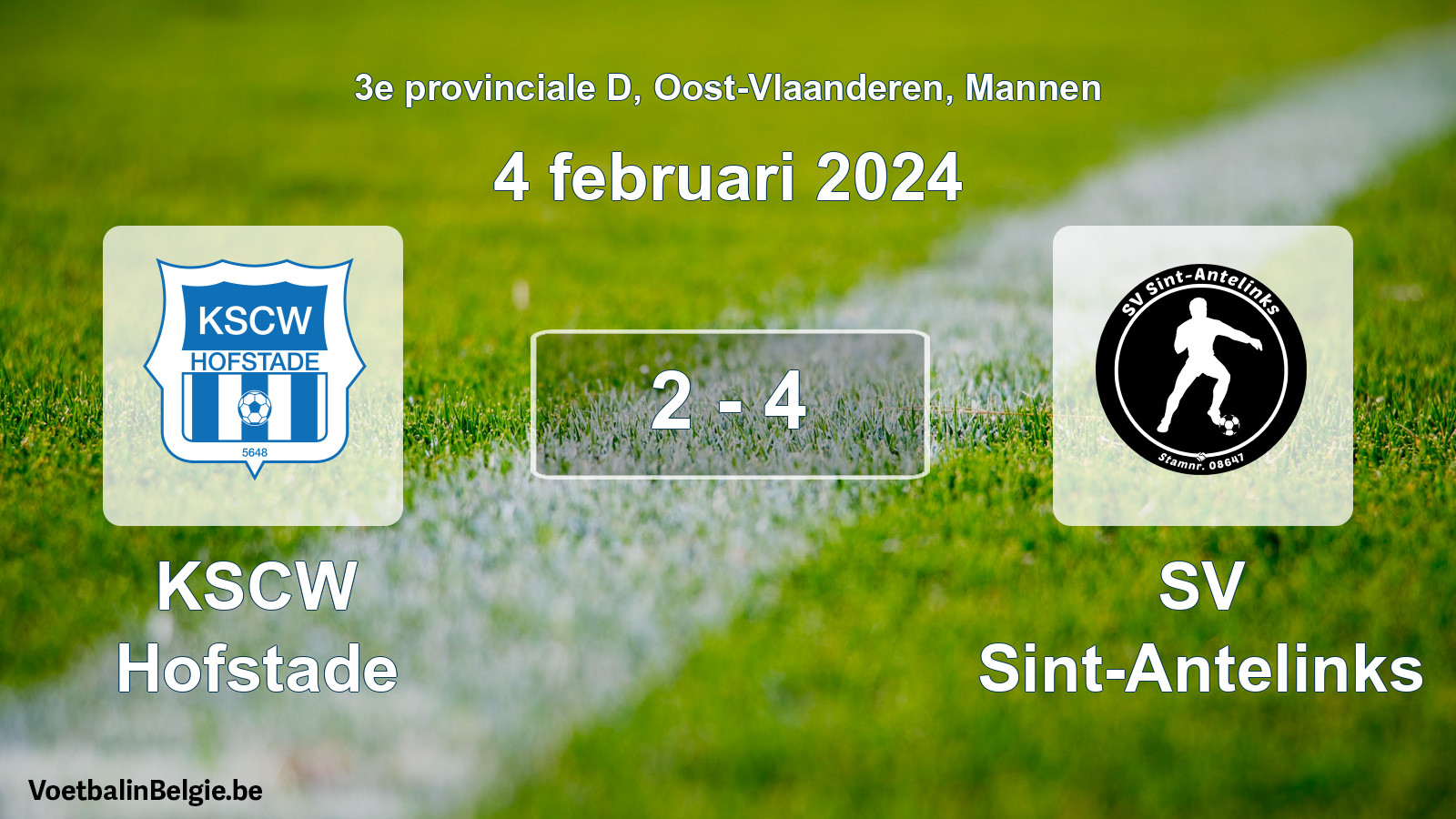 Gespeelde wedstrijd mannenvoetbal: KSCW Hofstade - SV Sint-Antelinks 2 - 4 (4 februari 2024)