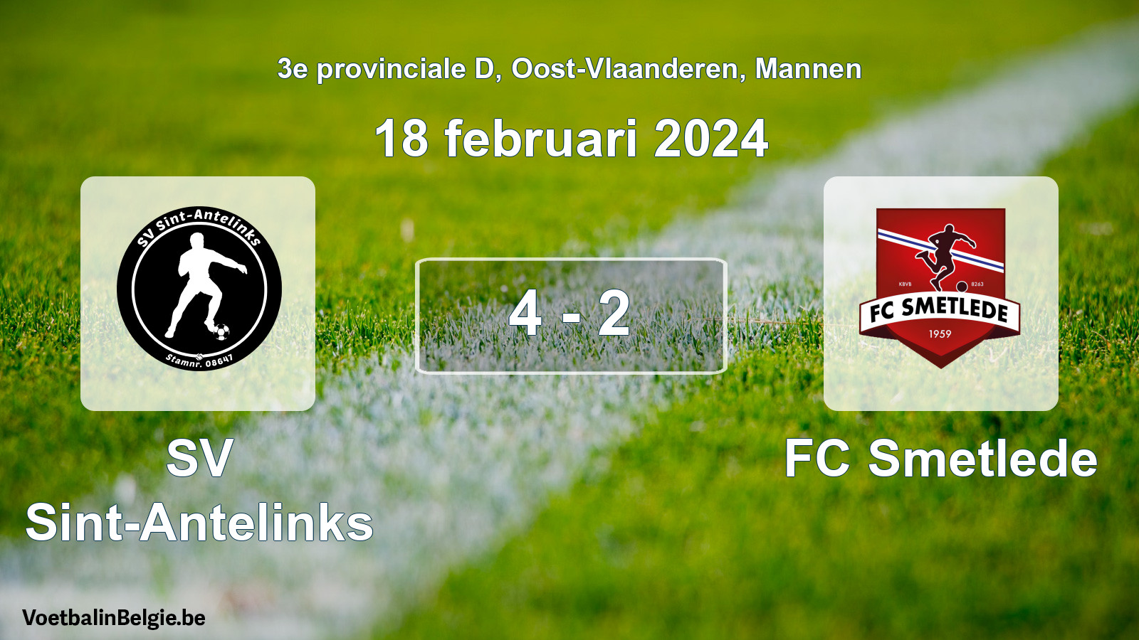 Gespeelde wedstrijd mannenvoetbal: SV Sint-Antelinks - FC Smetlede 4 - 2 (18 februari 2024)