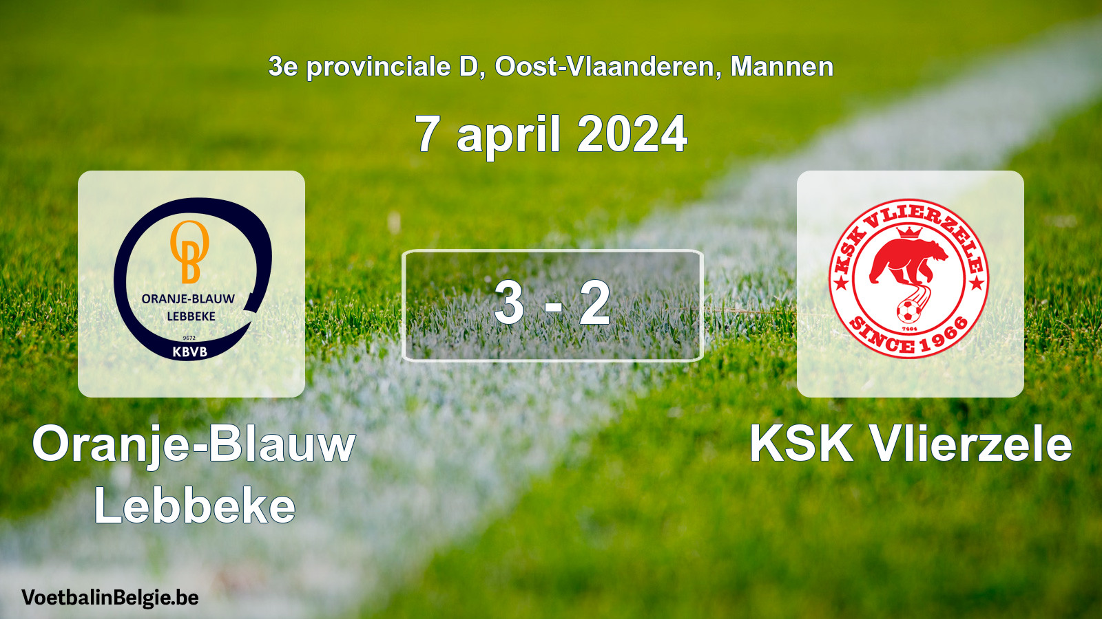 Gespeelde wedstrijd mannenvoetbal: Oranje-Blauw Lebbeke - KSK Vlierzele 3 - 2 (7 april 2024)