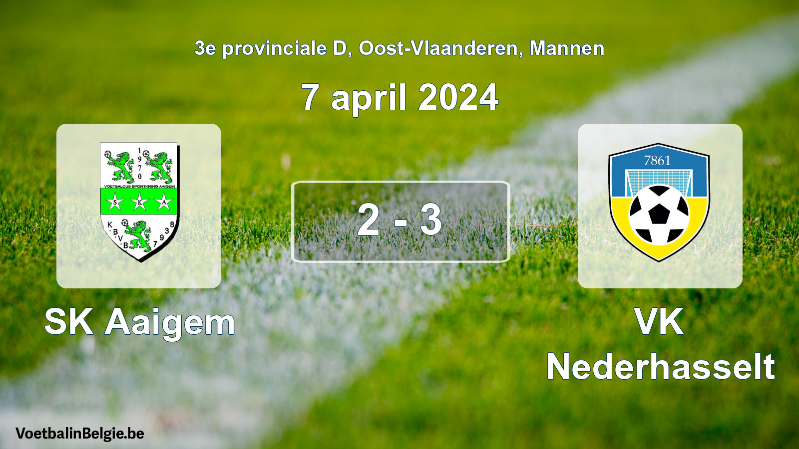 Gespeelde wedstrijd mannenvoetbal: SK Aaigem - VK Nederhasselt 2 - 3 (7 april 2024)