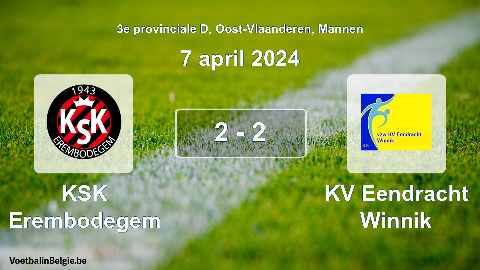Gespeelde wedstrijd mannenvoetbal: KSK Erembodegem - KV Eendracht Winnik 2 - 2 (7 april 2024)