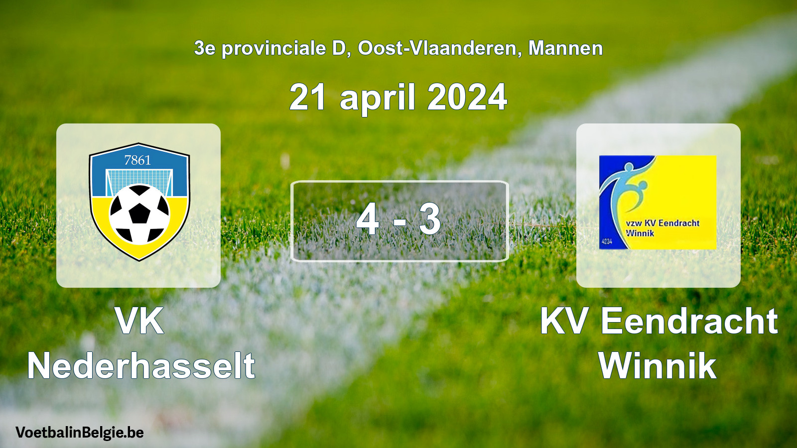 Gespeelde wedstrijd mannenvoetbal: VK Nederhasselt - KV Eendracht Winnik 4 - 3 (21 april 2024)