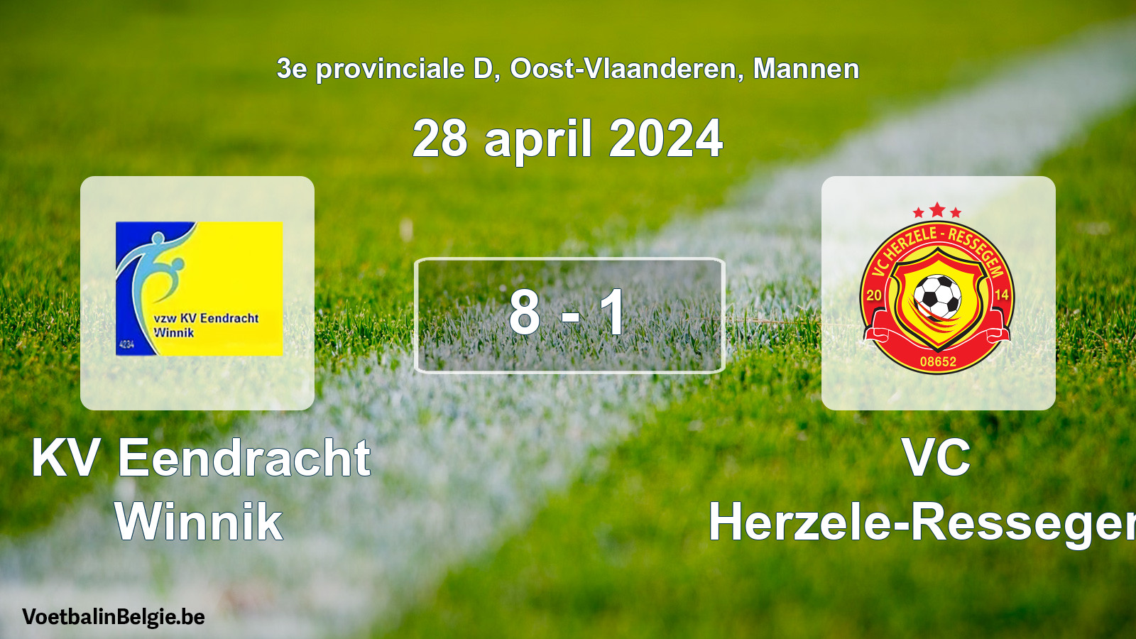 Gespeelde wedstrijd mannenvoetbal: KV Eendracht Winnik - VC Herzele-Ressegem 8 - 1 (28 april 2024)