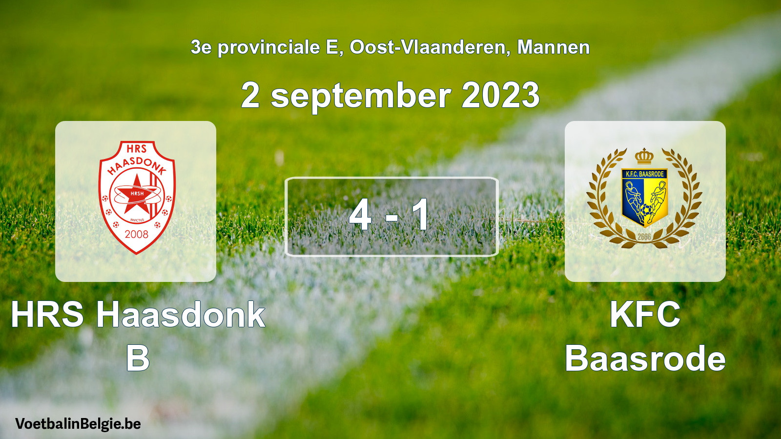 Gespeelde wedstrijd mannenvoetbal: HRS Haasdonk B - KFC Baasrode 4 - 1 (2 september 2023)