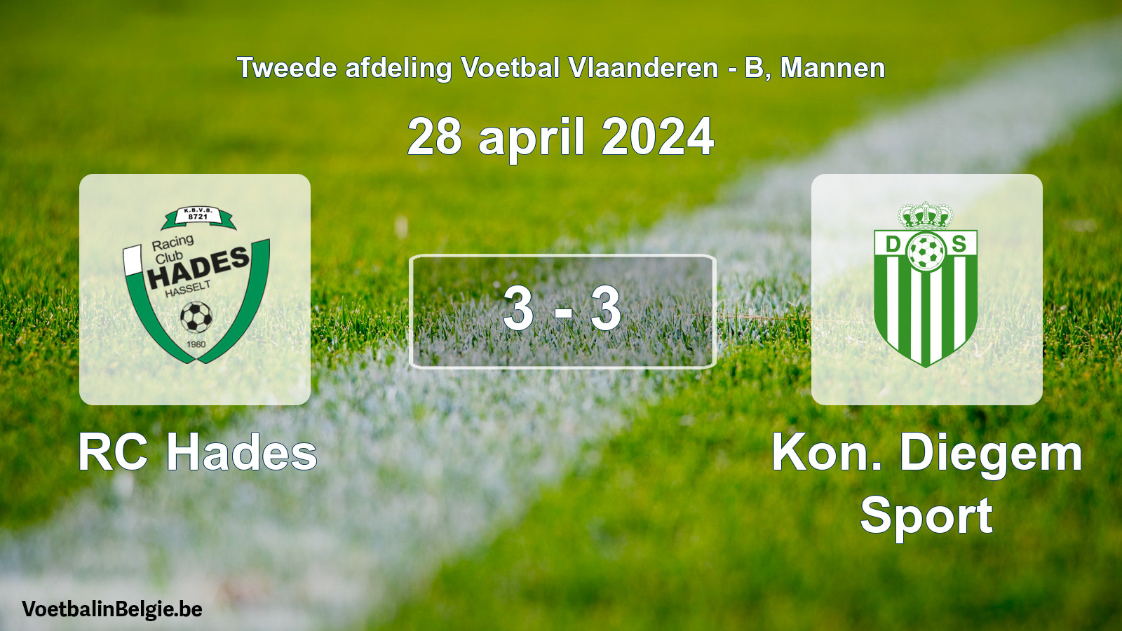 Gespeelde wedstrijd mannenvoetbal: RC Hades - Kon. Diegem Sport 3 - 3 (28 april 2024)