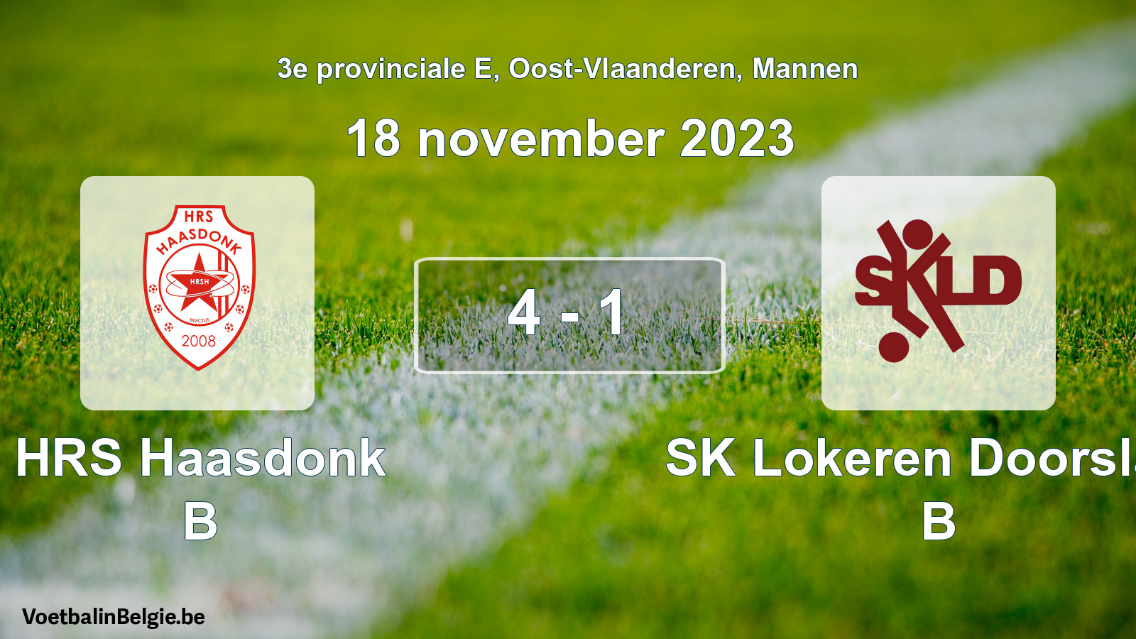 Gespeelde wedstrijd mannenvoetbal: HRS Haasdonk B - SK Lokeren Doorslaar B 4 - 1 (18 november 2023)