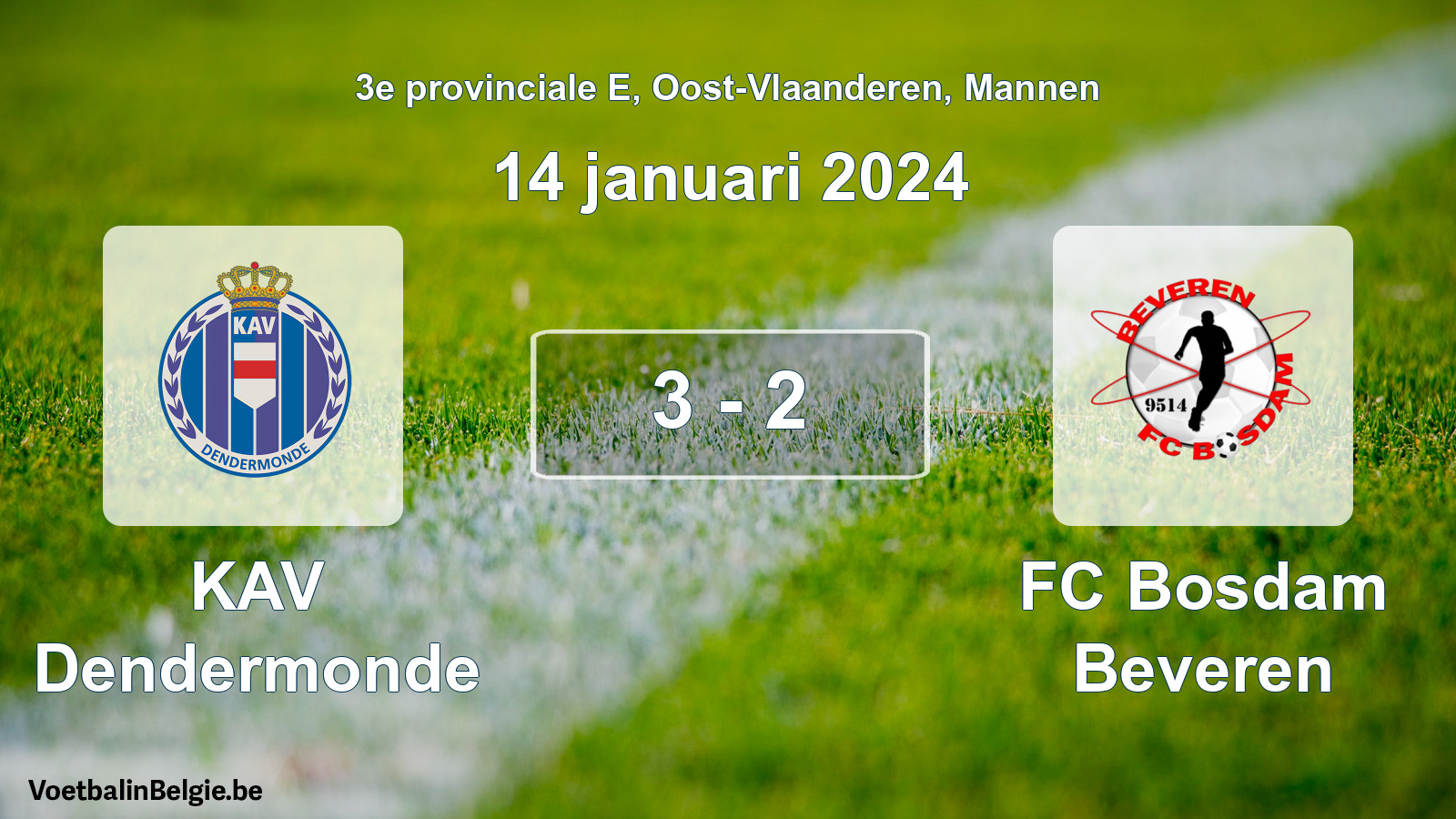 Gespeelde wedstrijd mannenvoetbal: KAV Dendermonde - FC Bosdam Beveren 3 - 2 (14 januari 2024)