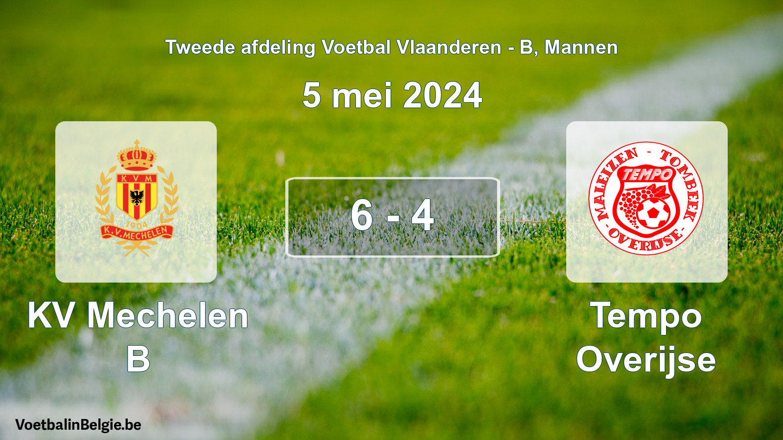 Gespeelde wedstrijd mannenvoetbal: KV Mechelen B - Tempo Overijse 6 - 4 (5 mei 2024)