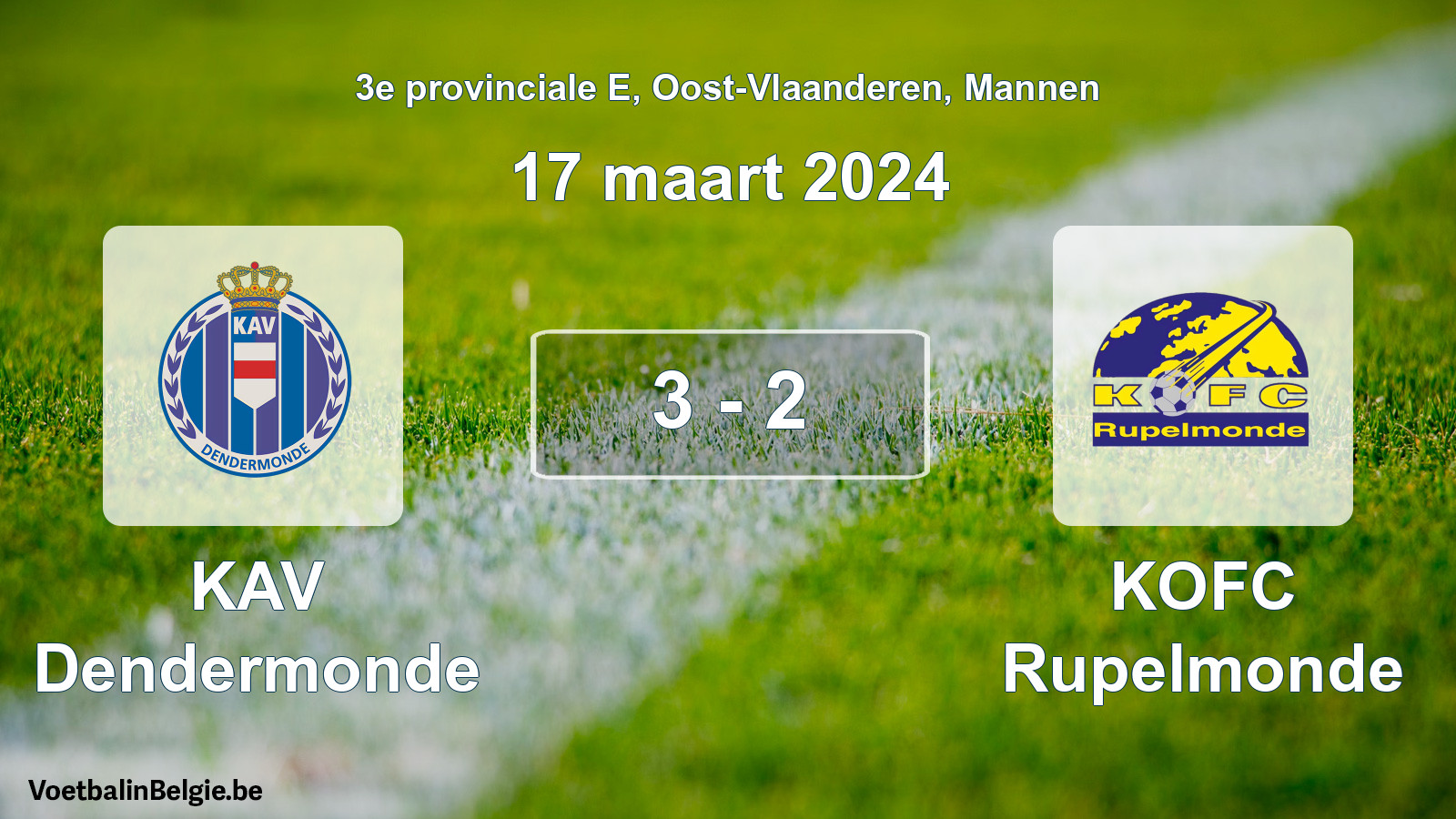 Gespeelde wedstrijd mannenvoetbal: KAV Dendermonde - KOFC Rupelmonde 3 - 2 (17 maart 2024)