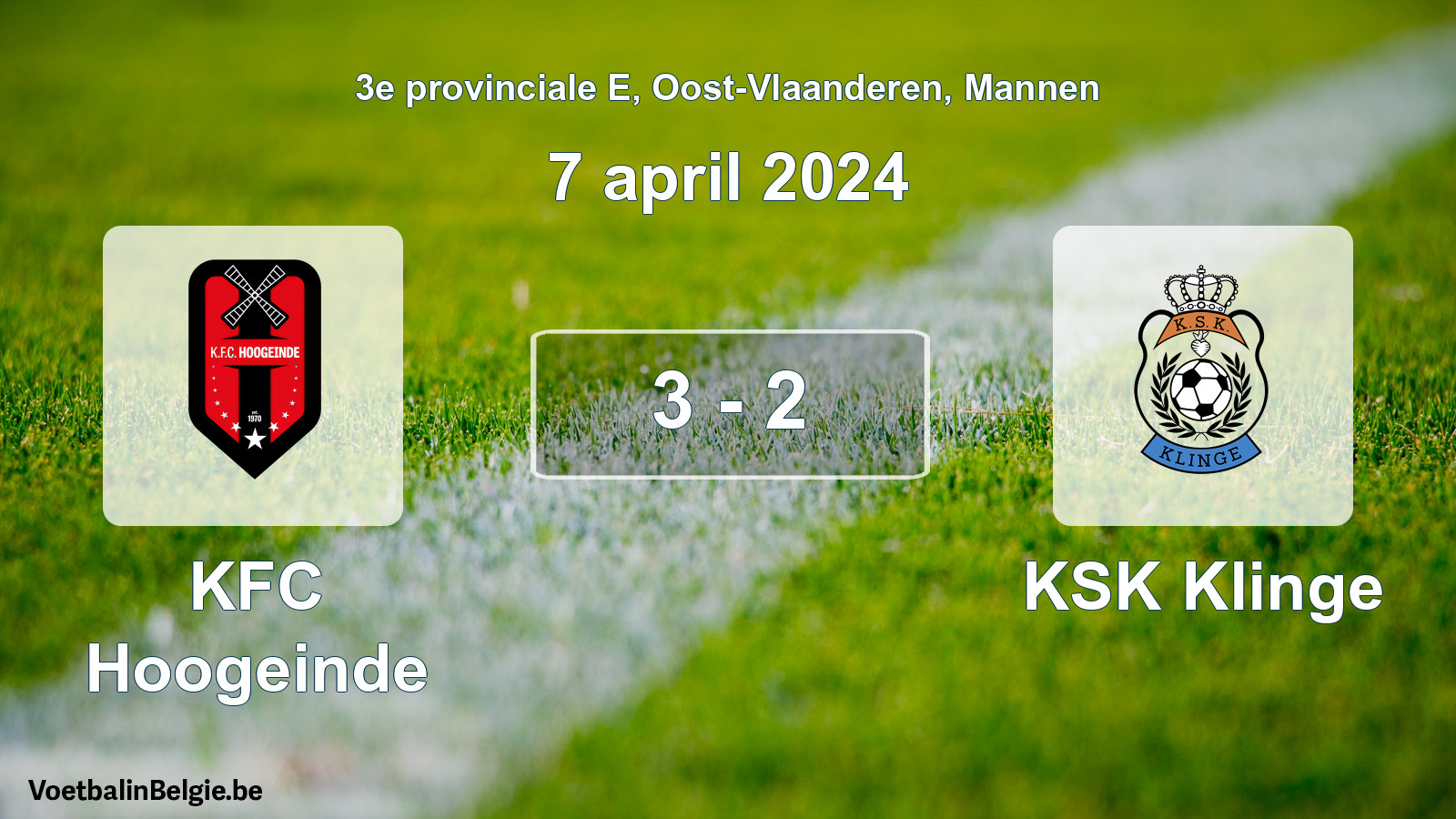 Gespeelde wedstrijd mannenvoetbal: KFC Hoogeinde - KSK Klinge 3 - 2 (7 april 2024)