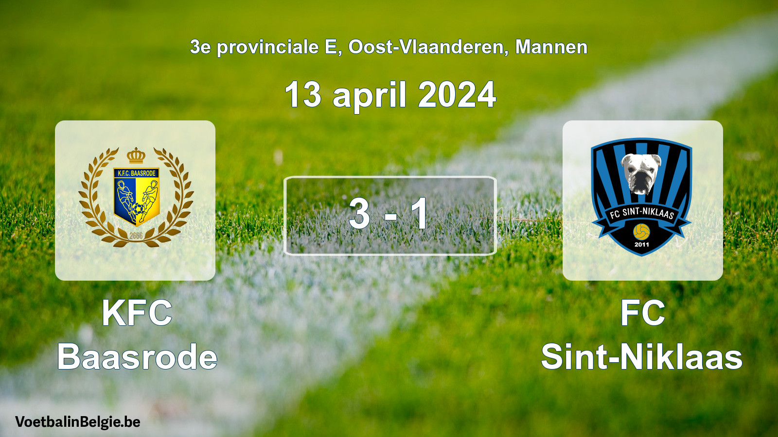 Gespeelde wedstrijd mannenvoetbal: KFC Baasrode - FC Sint-Niklaas 3 - 1 (13 april 2024)
